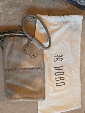 HOBO Gray Leather Wristlet with Whipstitch Handle